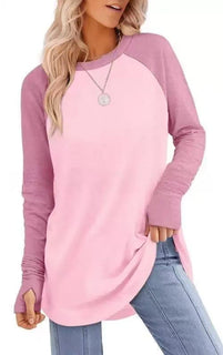 Womens Tunic Tops to Wear with Leggings Long Sleeve Thumb Hole Shirts Crew Neck Curved Hem