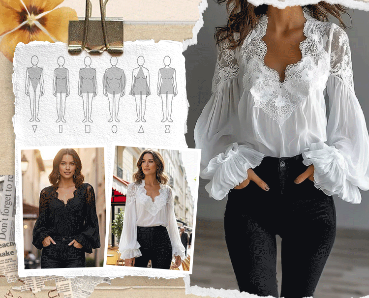 LaceAura - Patchwork V-Neck Blouse