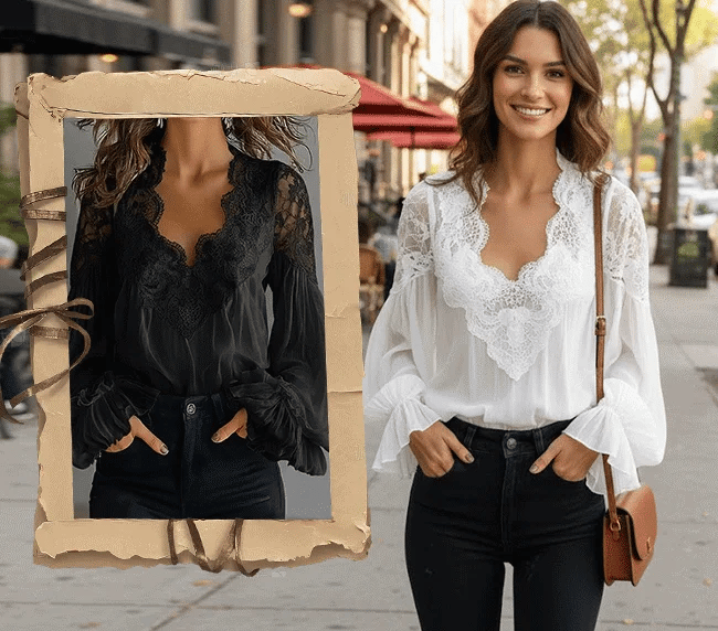 LaceAura - Patchwork V-Neck Blouse