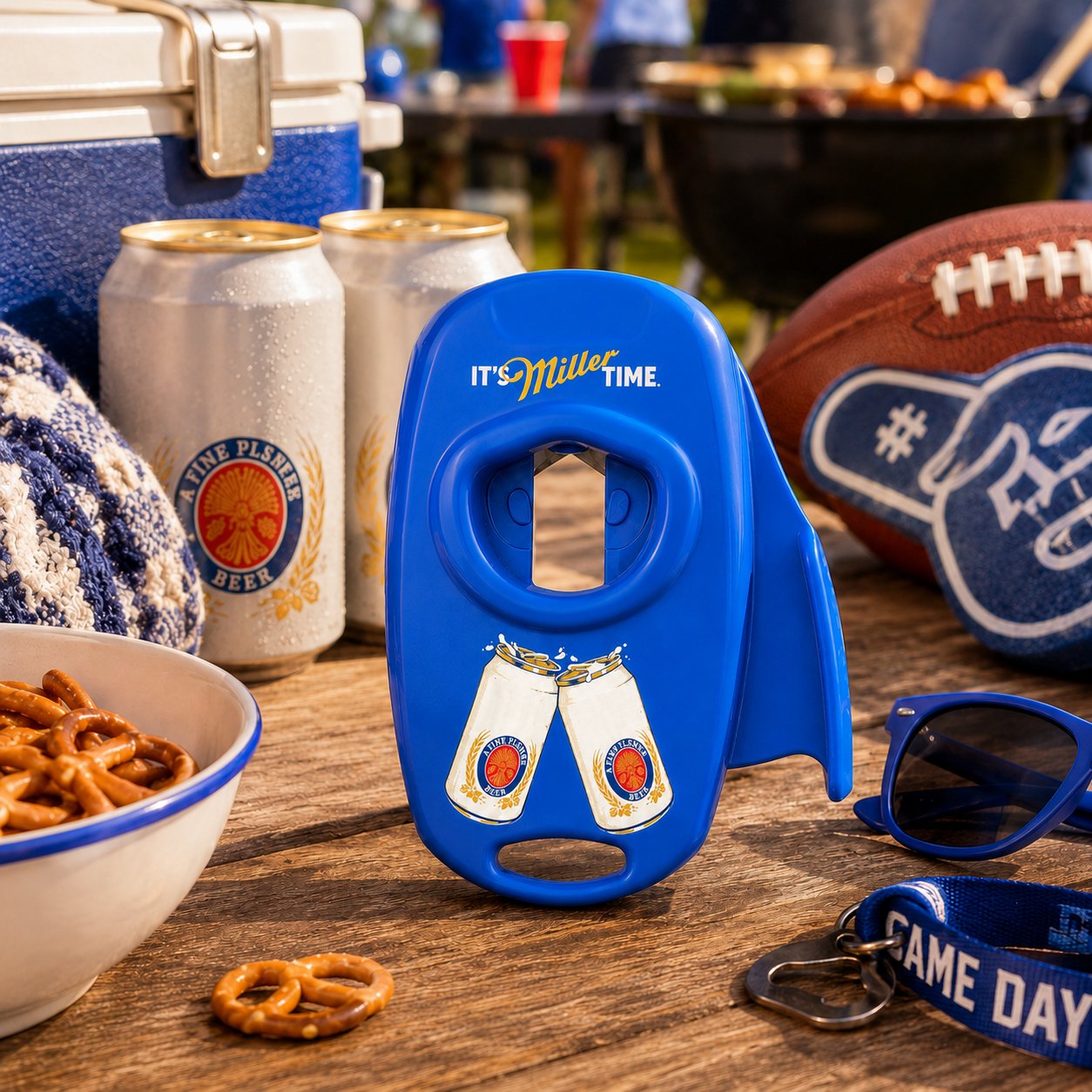 Can-top opener on a game day table with snacks and chilled cans