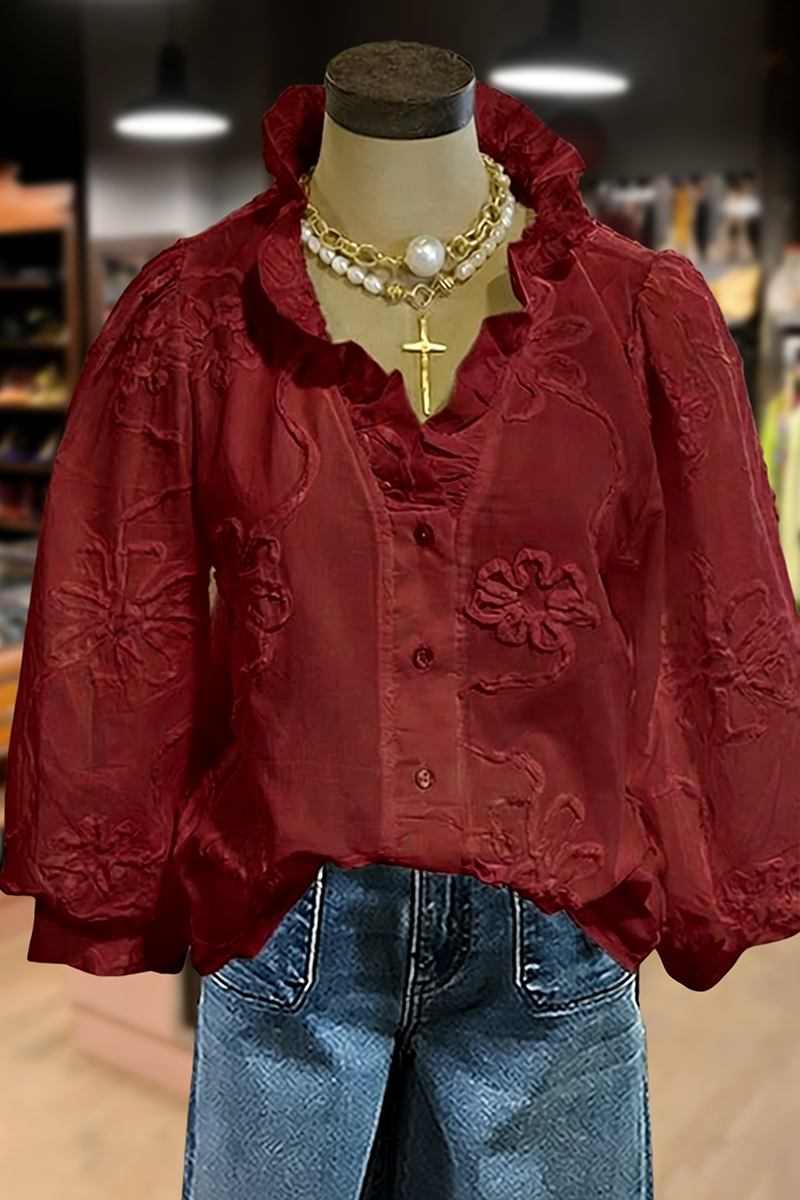 PetalCharm – Elegant Floral Embroidered Puff Sleeve Top