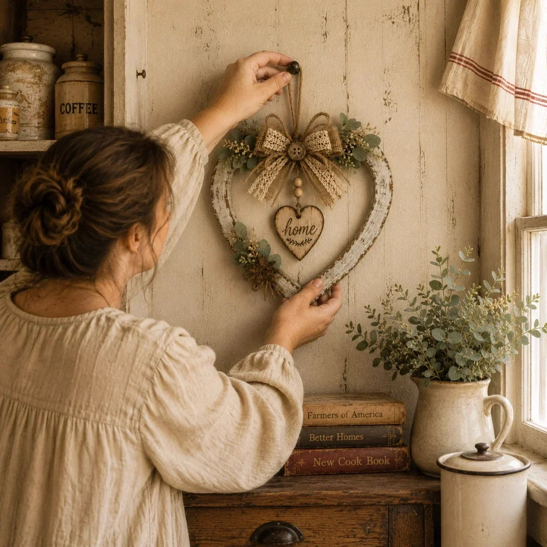 HearthBloom – Rustic Farmhouse Home Heart Wreath