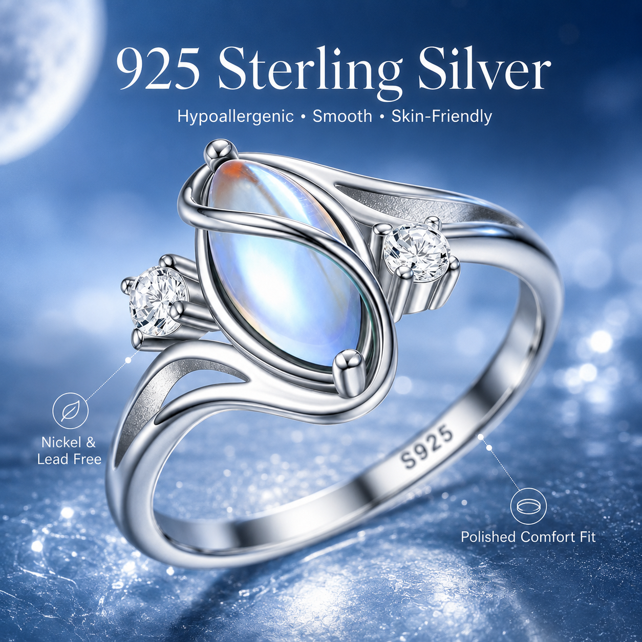 LunaGlow – 925 Sterling Silver Rainbow Moonstone Ring