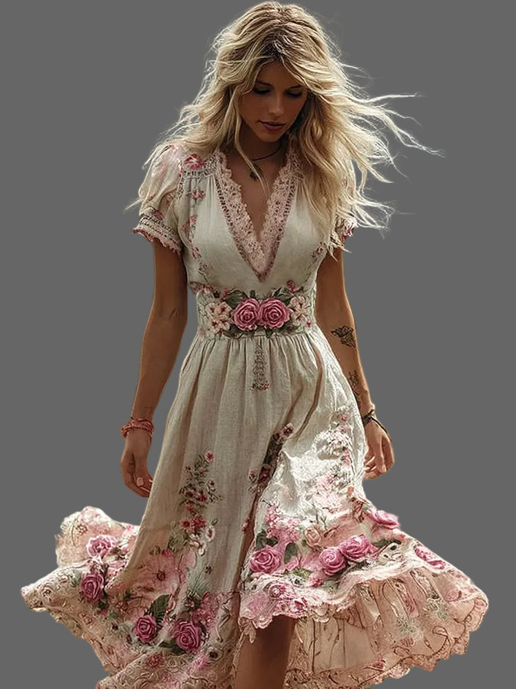 PetalHeritage – Vintage Rose Linen Maxi Dress
