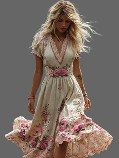 PetalHeritage – Vintage Rose Linen Maxi Dress
