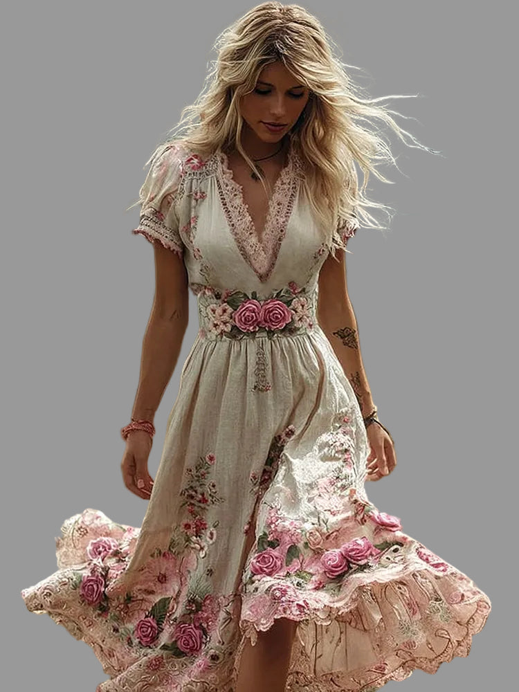 PetalHeritage – Vintage Rose Linen Maxi Dress