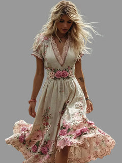 PetalHeritage – Vintage Rose Linen Maxi Dress