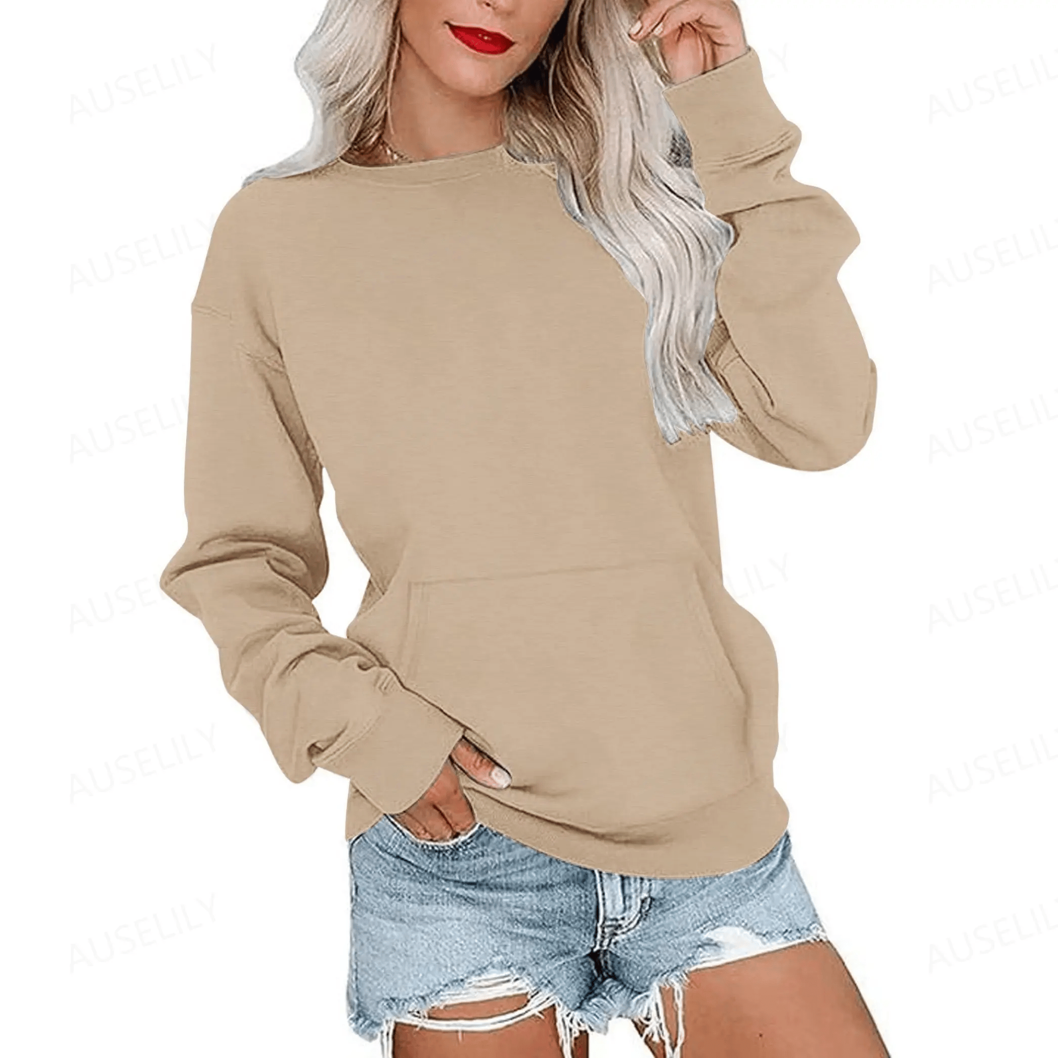 AUSELILY Women's Crewneck Hoodless Sweatshirt With Kangaroo Pocket Fleece Longsleeve Oversized Casual Style Shirt Lightweight Pullover 2026