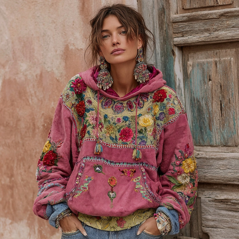 BohoBloom – Vintage Floral Patchwork Hoodie