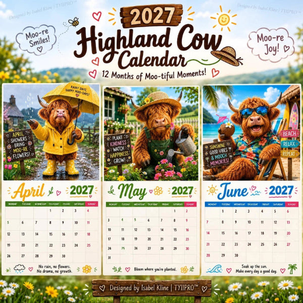 FarmCharm – Farmhouse Highland Cow A4 Wall Calendar