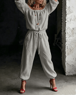 LuxeSilhouette – Off-Shoulder Tie Waist Jumpsuit