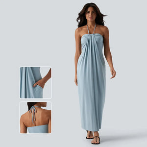 HalterTie – Elegant Back Maxi Dress with Pockets