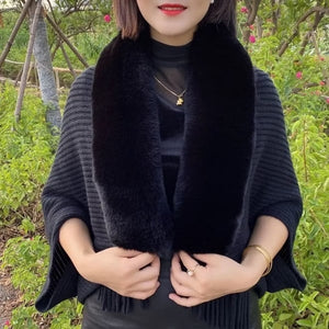 Knitted Fringed Fur-Neck Shawl marnetic