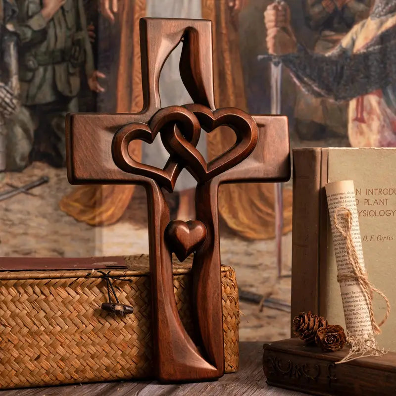 EternalEmbrace – Wooden Cross with Intertwined Hearts
