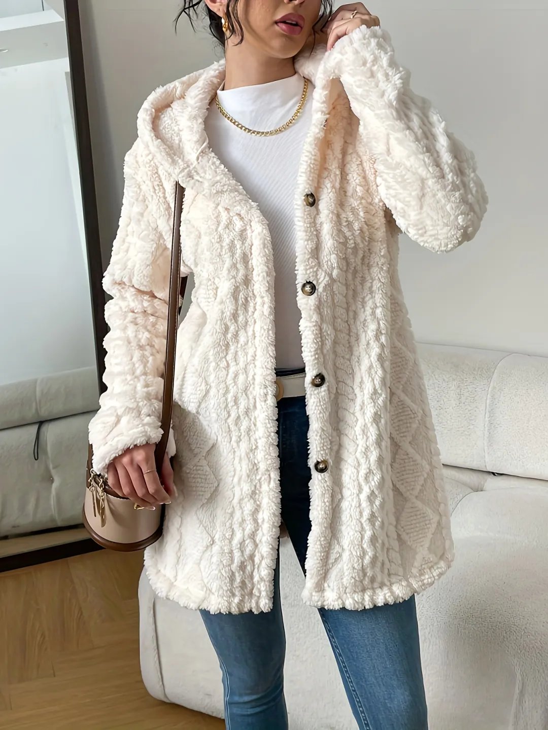 ⏰Hot Sale-Womens Fuzzy Fleece Button Down Jacket Hooded Open Front Cardigan Sweater(BUY 2 FREE SHIPPING)
