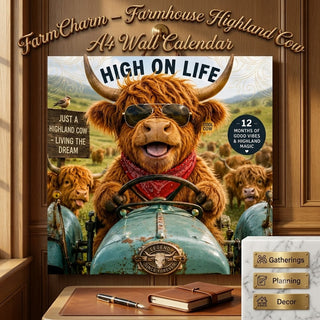 FarmCharm – Farmhouse Highland Cow A4 Wall Calendar