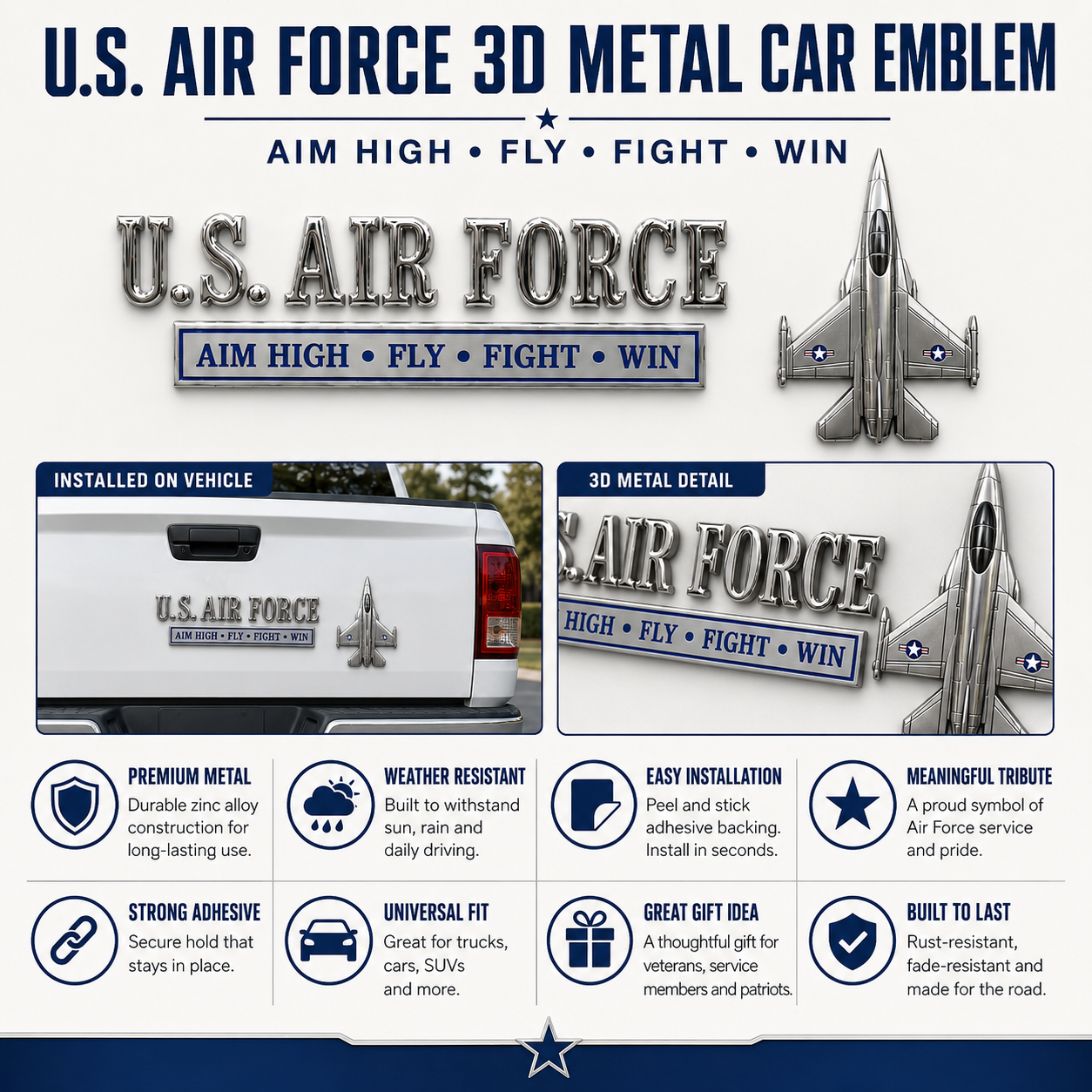 🏆Last Day Promo: 49% OFF! 🎖️U.S. Air Force Aim High Fly Fight Win 3D Metal Car Emblem Badge