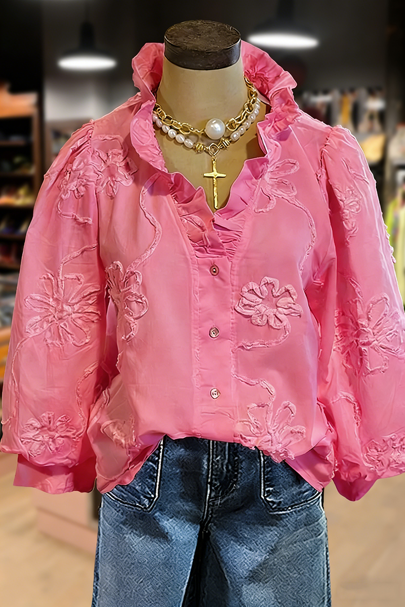 PetalCharm – Elegant Floral Embroidered Puff Sleeve Top