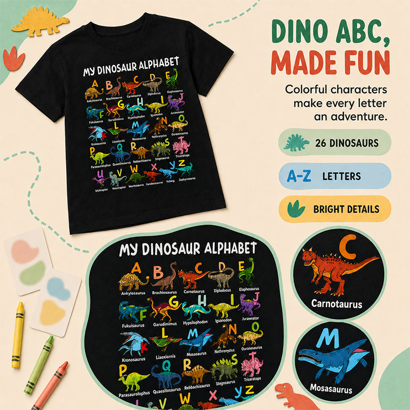DinoQuest – Colourful Dinosaur Alphabet Learning Tee