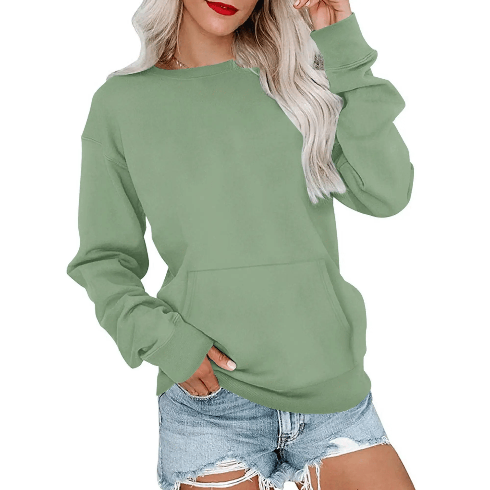 AUSELILY Women's Crewneck Hoodless Sweatshirt With Kangaroo Pocket Fleece Longsleeve Oversized Casual Style Shirt Lightweight Pullover 2026