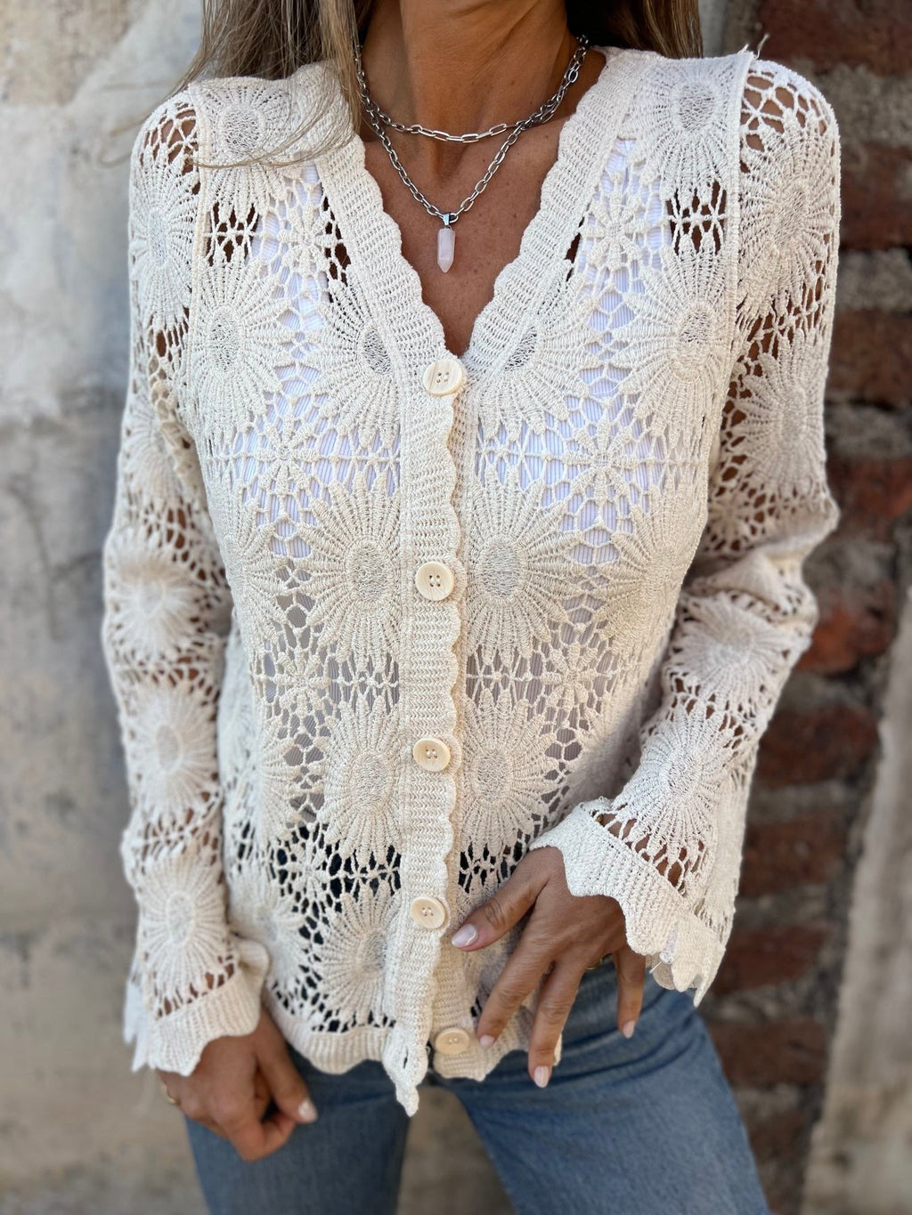 PetalGrace - Buttoned Cutout Embroidered Top