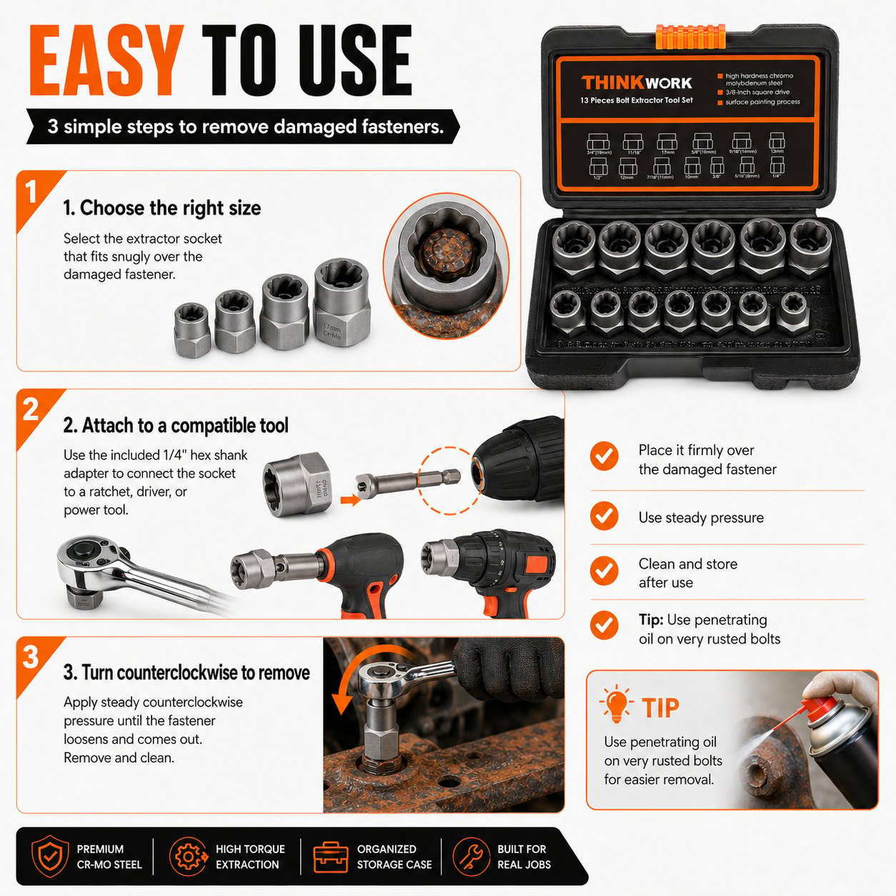 GripPower – Multi Size Bolt & Nut Extraction Tool Kit