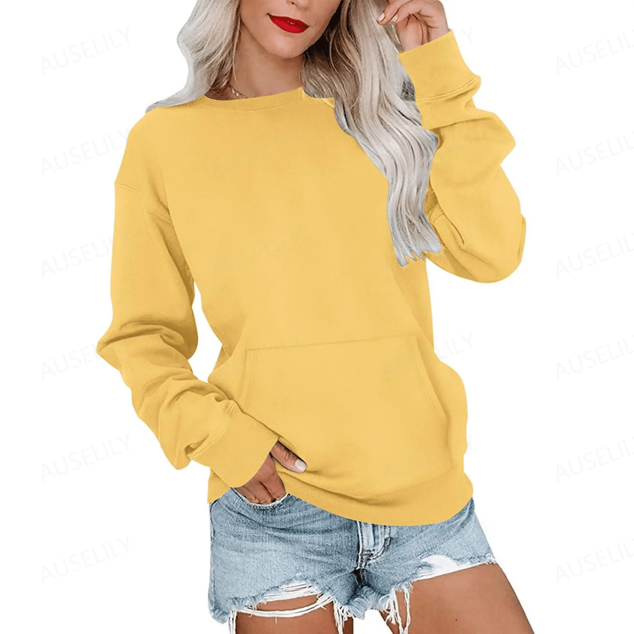 AUSELILY Women's Crewneck Hoodless Sweatshirt With Kangaroo Pocket Fleece Longsleeve Oversized Casual Style Shirt Lightweight Pullover 2026