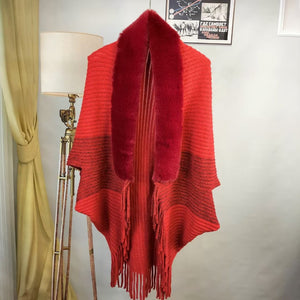Knitted Fringed Fur-Neck Shawl marnetic