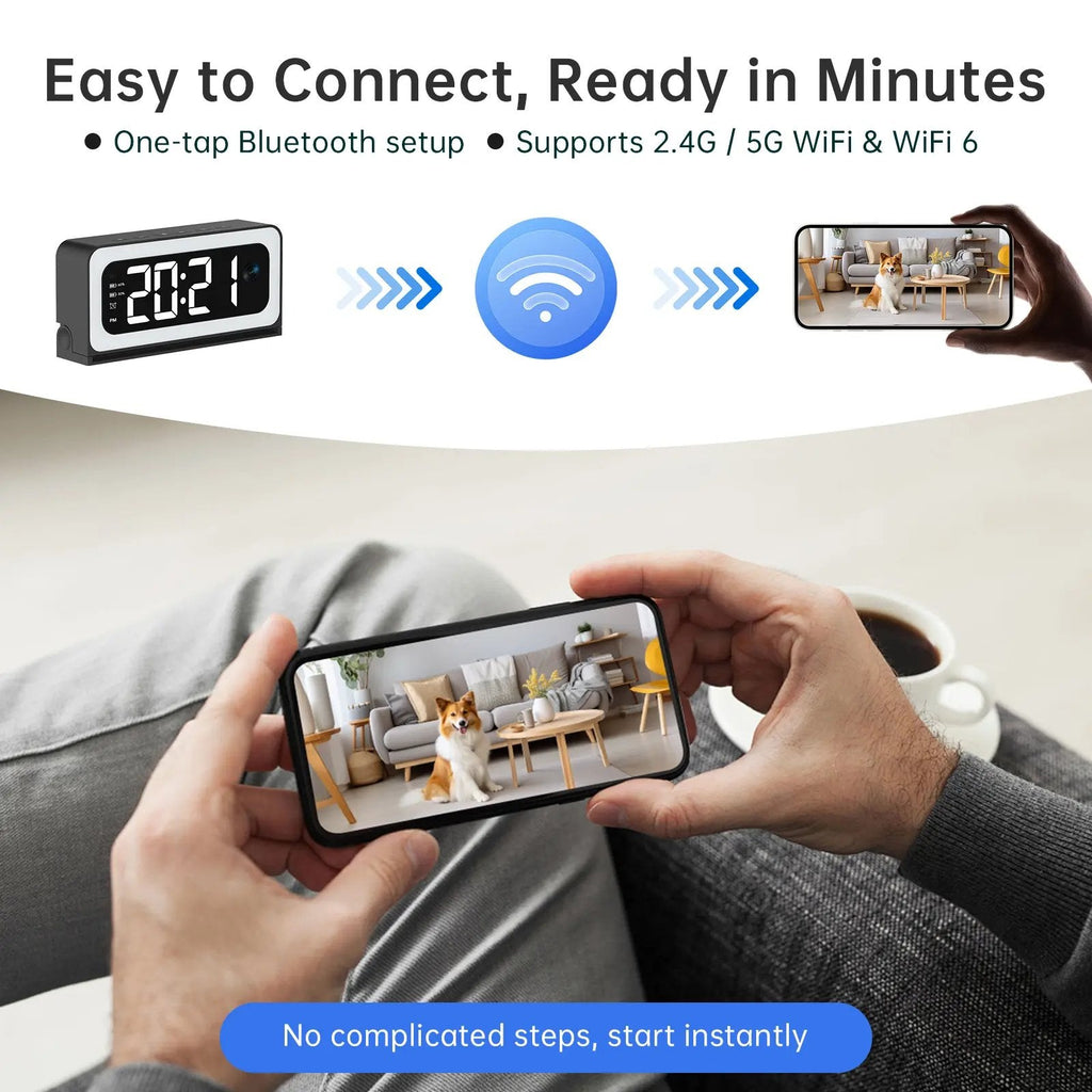 Smart Digital Clock Camera with Dual Band WiFi (5GHz & 2.4GHz) | Home Security & Real-Time Monitoring System