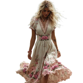 PetalHeritage – Vintage Rose Linen Maxi Dress