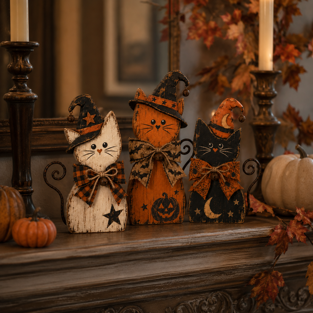 Vintage Halloween Witch Cat Decor Set