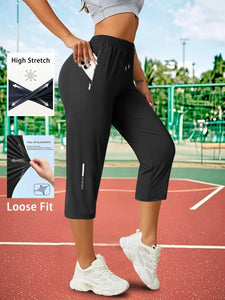 Women's Capris Pants - Loose Fit, Summer Drawstring Waist, Zippered Pockets, Breathable High-Stretch Fabric, Suitable for Everyday Wear