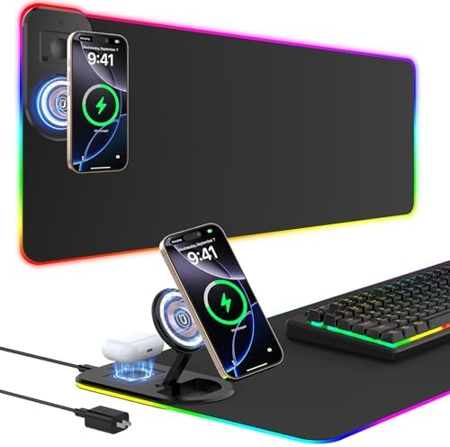 RGB Gaming Mouse Pad Wireless Charging Desk Mat with Foldable Phone Stand, Large LED Gaming Mat 800x350x4mm, 15 Light Modes, Waterproof, Keyboard Pad for PC Computer, Includes 20W PD Power Adapter|B0FPFZFXXT