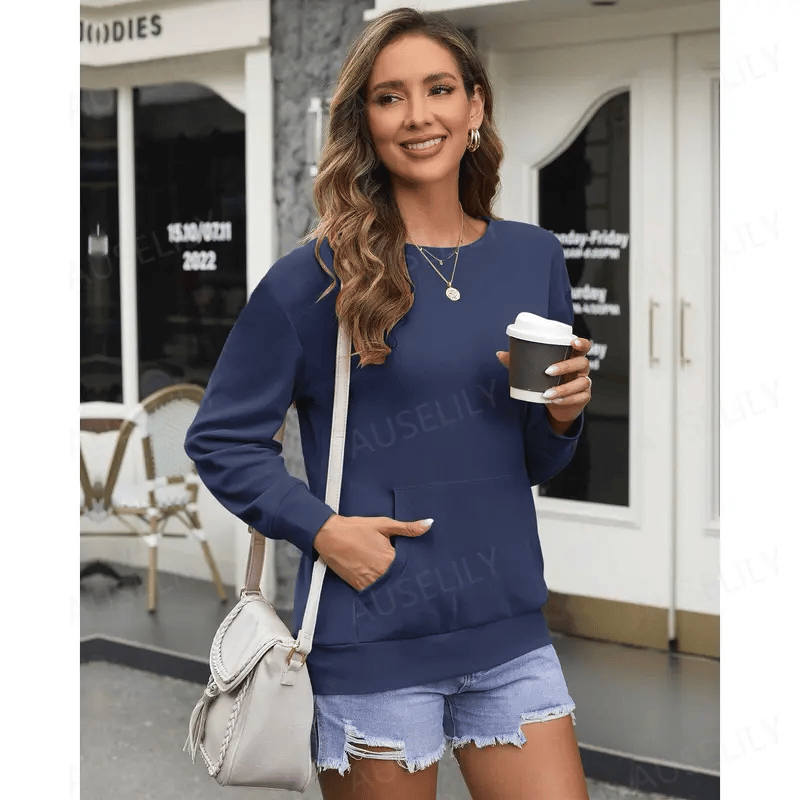 AUSELILY Women's Crewneck Hoodless Sweatshirt With Kangaroo Pocket Fleece Longsleeve Oversized Casual Style Shirt Lightweight Pullover 2026