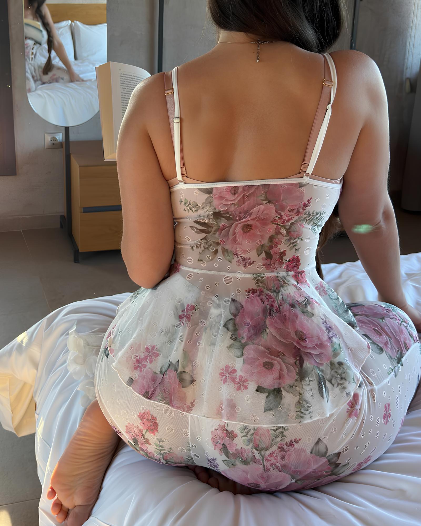 BlushAura – Delicate Mesh Floral Nightwear Set