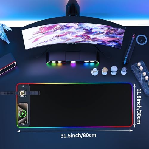 RGB Gaming Mouse Pad Wireless Charging Desk Mat with Foldable Phone Stand, Large LED Gaming Mat 800x350x4mm, 15 Light Modes, Waterproof, Keyboard Pad for PC Computer, Includes 20W PD Power Adapter|B0FPFZFXXT