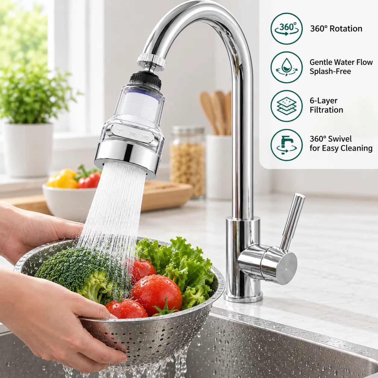 AquaFlow – 360° Rotating 6-Layer Faucet Filter Aerator
