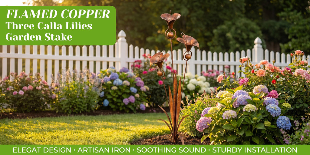 Flamed Copper Three Calla Lilies Garden Stake with Bells