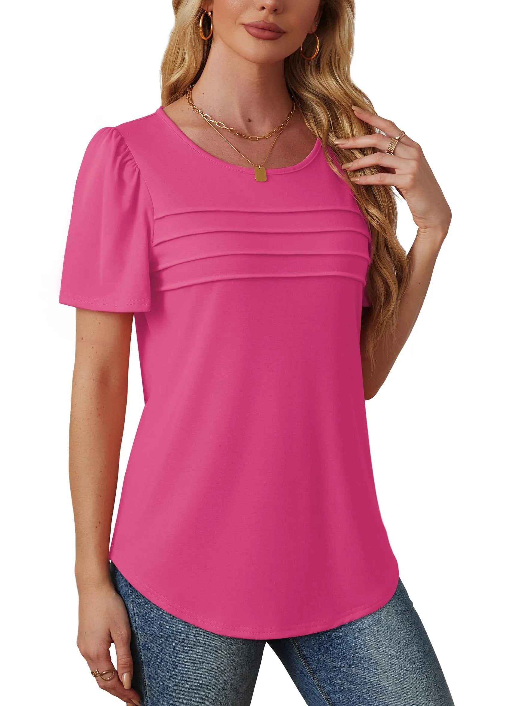 ⏰Hot Sale-Women's Short Sleeve Pleated Front Scooped Neck Tops