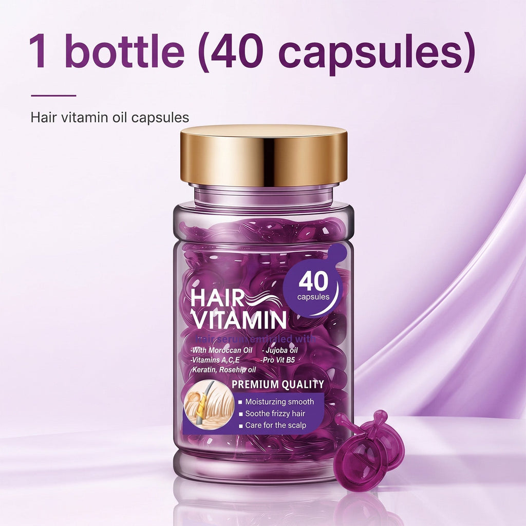Hair Vitamin Capsules Infused with Violet Vitamins & Argan Oil for Color-Treated & Permed Hair Smooths Frizz Restores Silkiness & Shine 40 Capsules.