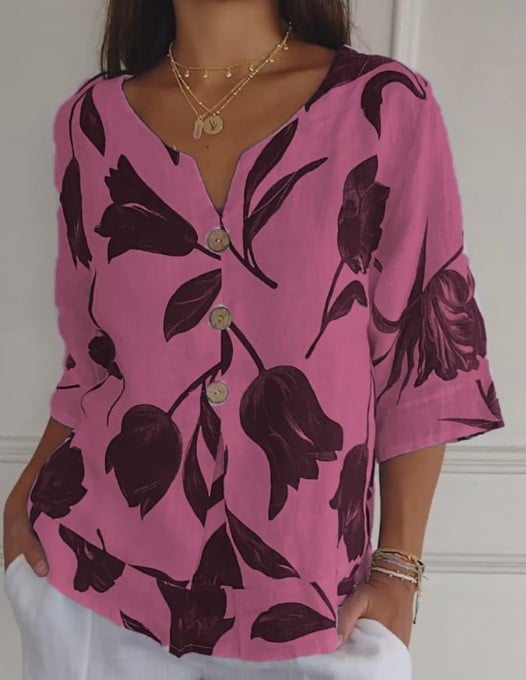 BreezeAura – Printed V-Neck Linen Blend Shirt