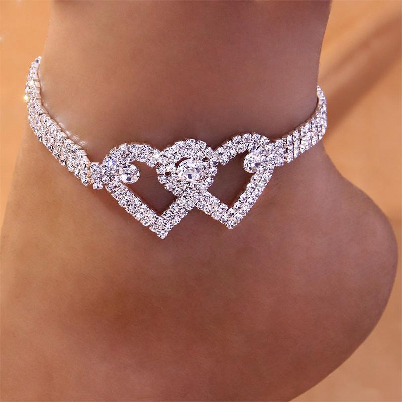 GlimmerHearts – Double Heart Rhinestone Anklet