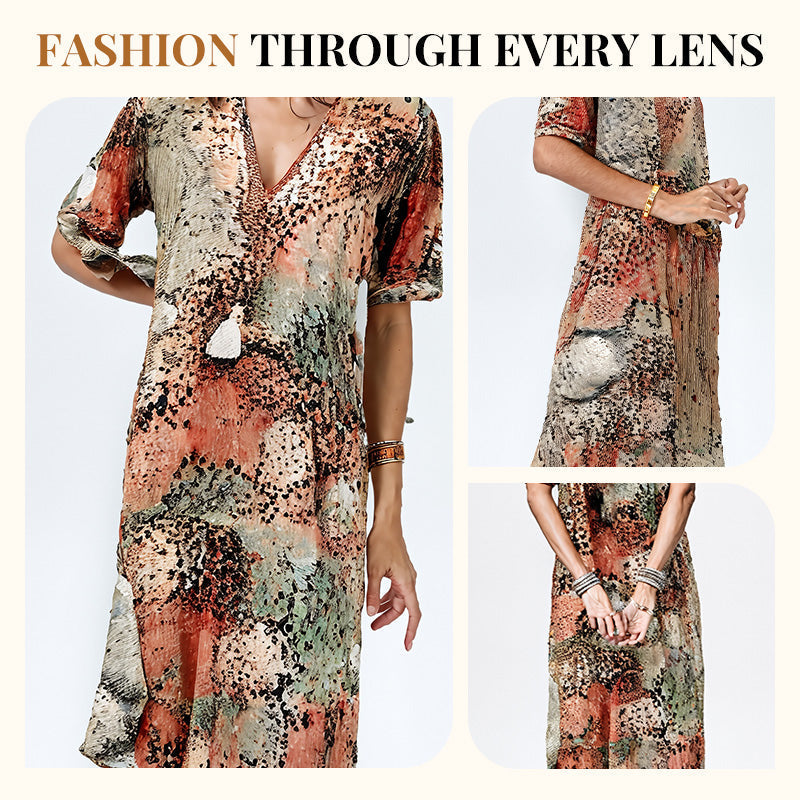 LinenAura – Elegant Printed Linen Cotton Midi Dress