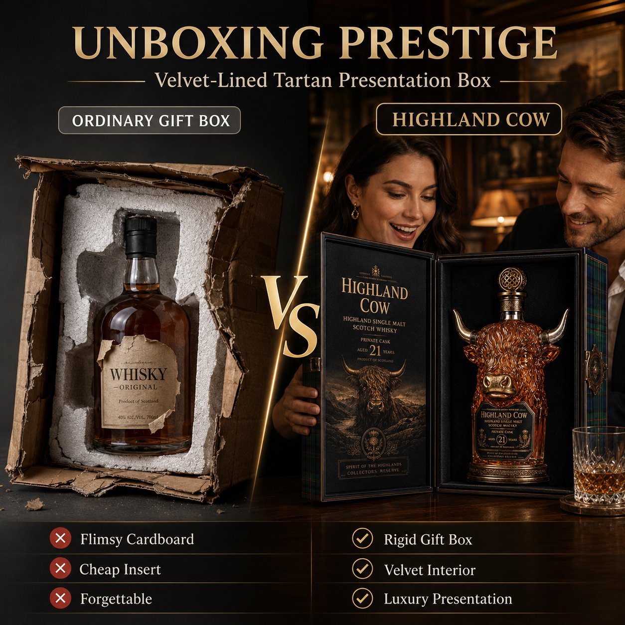 Unboxing Prestige: Foil-Stamped Labels & Textured Tartan Box