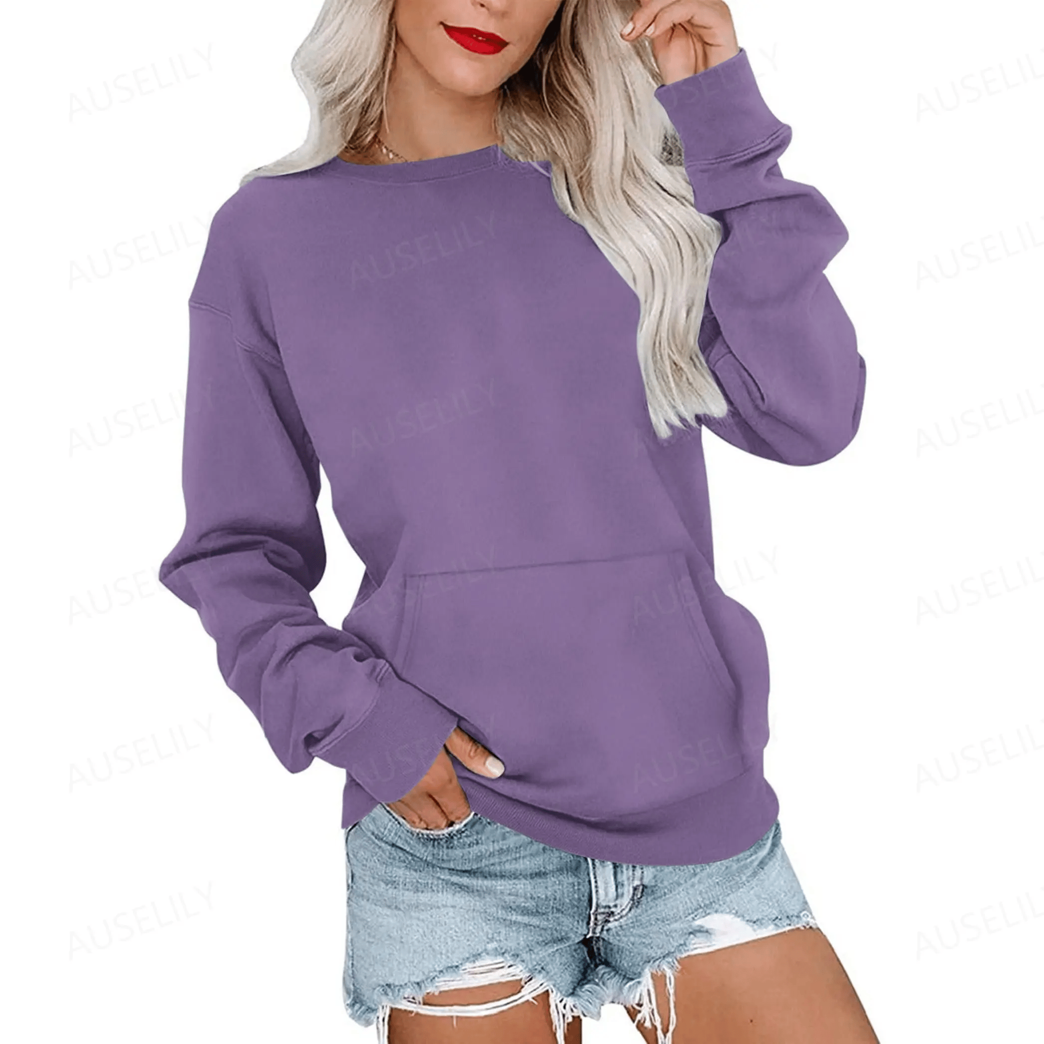 AUSELILY Women's Crewneck Hoodless Sweatshirt With Kangaroo Pocket Fleece Longsleeve Oversized Casual Style Shirt Lightweight Pullover 2026