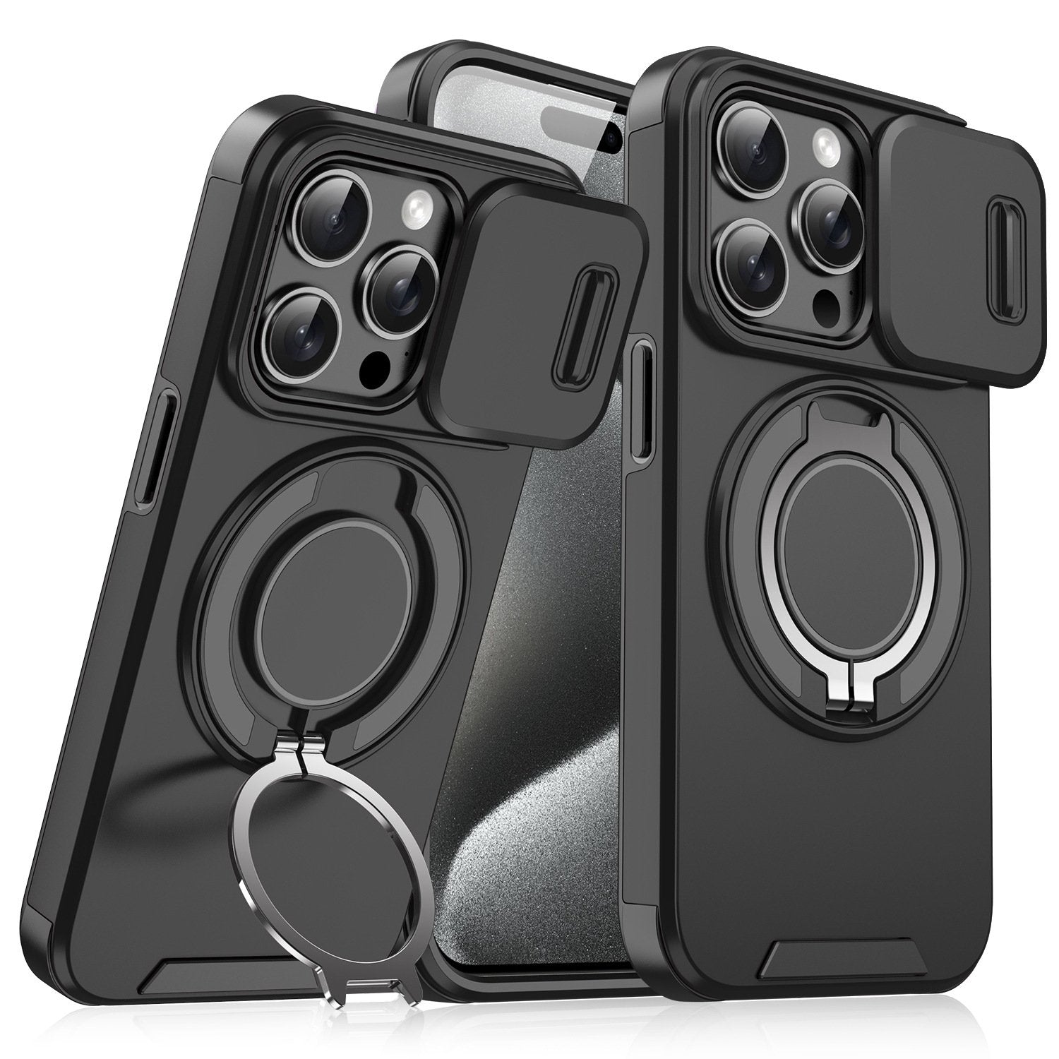 Case with Slide Camera Cover & Rotatable Ring Kickstand,  Grade Shockproof Protective Case for iPhone 11/12/13/14/15/16/17 Series