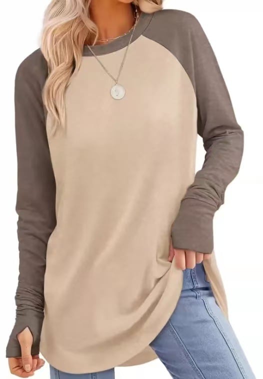 Womens Tunic Tops to Wear with Leggings Long Sleeve Thumb Hole Shirts Crew Neck Curved Hem