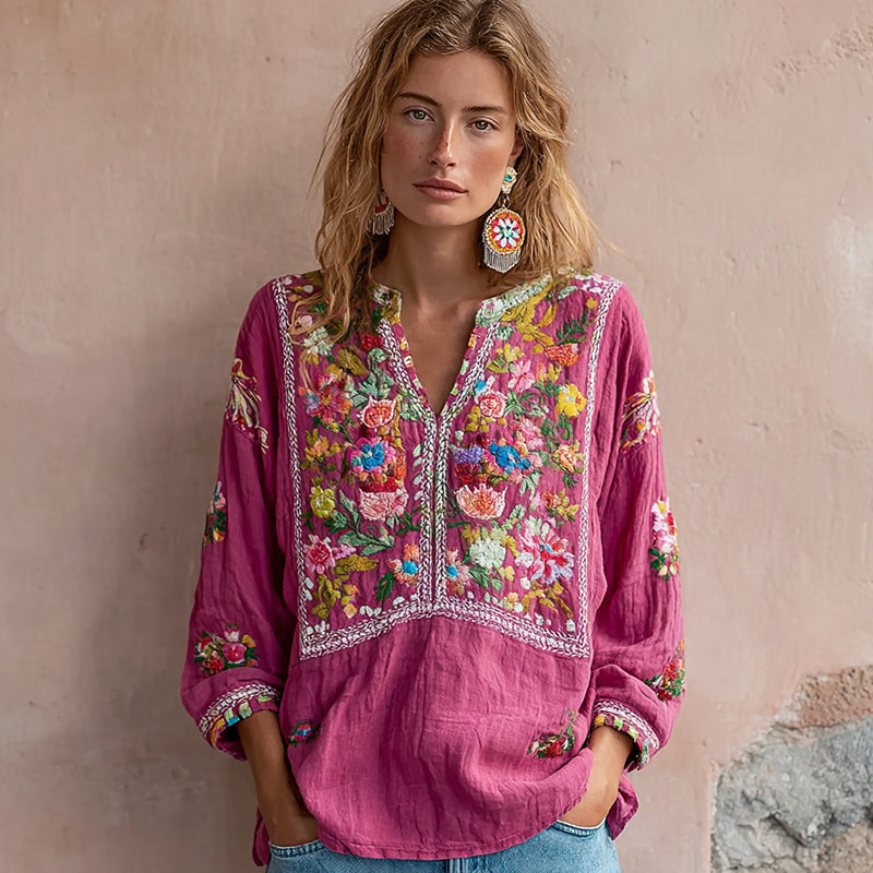 BloomGrace – Women’s V-neck Flower Embroidery Top