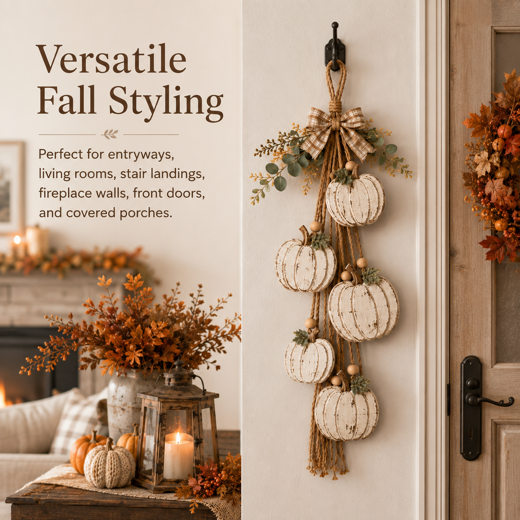 HarvestGlow – Rustic White Pumpkin Hanging Swag
