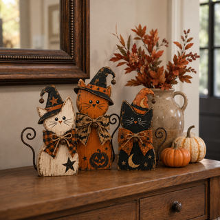 Vintage Halloween Witch Cat Decor Set